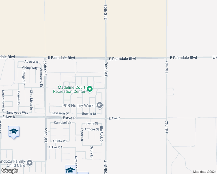 map of restaurants, bars, coffee shops, grocery stores, and more near 70th Street in Palmdale