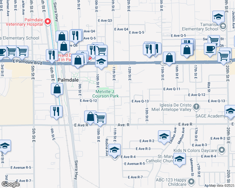 map of restaurants, bars, coffee shops, grocery stores, and more near 38225 12th Street East in Palmdale