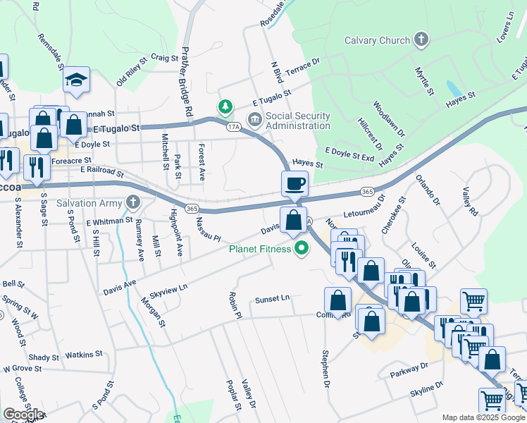 map of restaurants, bars, coffee shops, grocery stores, and more near 701-795 E Currahee St in Toccoa