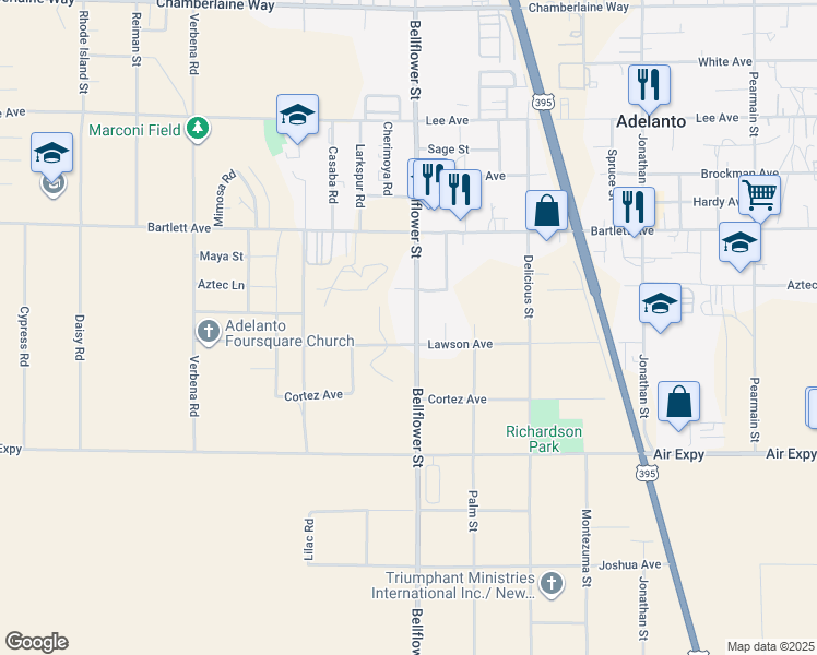 map of restaurants, bars, coffee shops, grocery stores, and more near 17930 Bellflower Street in Adelanto