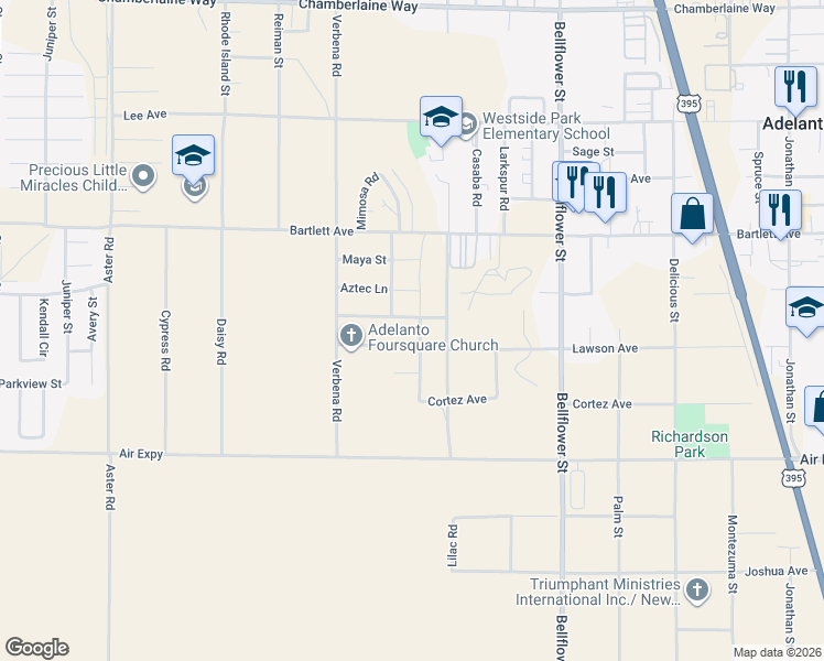 map of restaurants, bars, coffee shops, grocery stores, and more near 17926 Hermosa Road in Adelanto