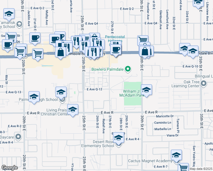 map of restaurants, bars, coffee shops, grocery stores, and more near 2669 Greenwood Court in Palmdale