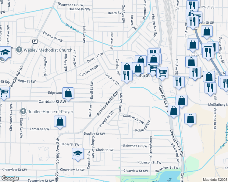 map of restaurants, bars, coffee shops, grocery stores, and more near 420 Autumnwood Drive Southwest in Decatur