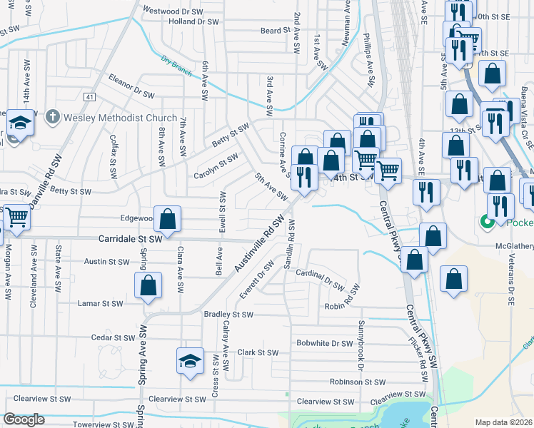 map of restaurants, bars, coffee shops, grocery stores, and more near 420 Autumnwood Drive Southwest in Decatur