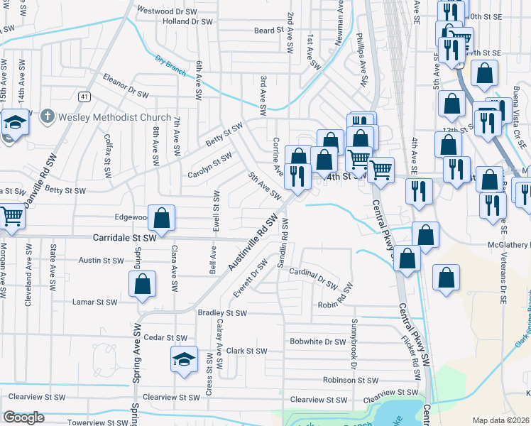 map of restaurants, bars, coffee shops, grocery stores, and more near 420 Autumnwood Drive Southwest in Decatur