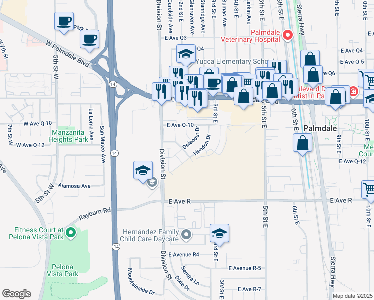 map of restaurants, bars, coffee shops, grocery stores, and more near 38202 Delacour Drive in Palmdale