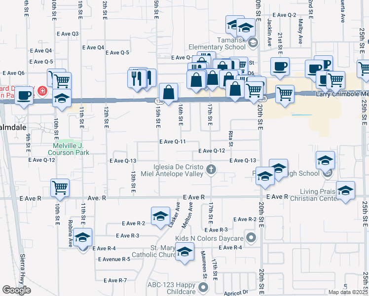 map of restaurants, bars, coffee shops, grocery stores, and more near 1556 East Avenue Q-11 in Palmdale