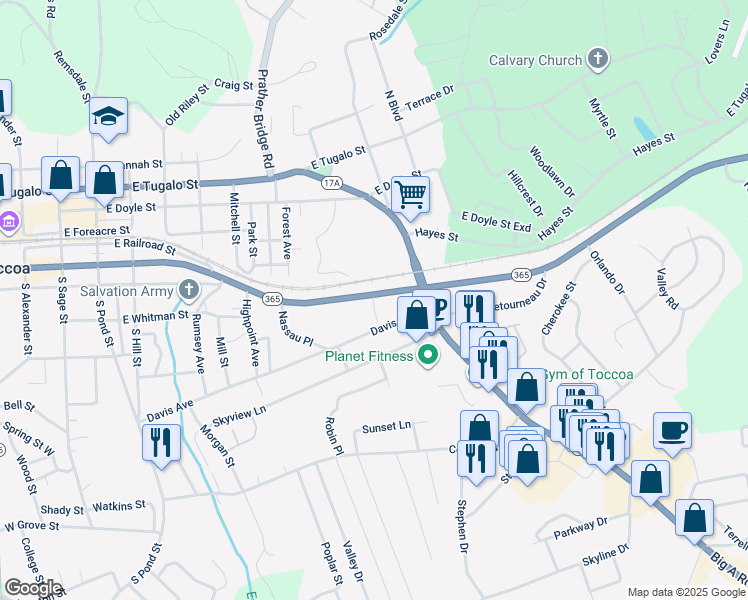 map of restaurants, bars, coffee shops, grocery stores, and more near 701-795 E Currahee St in Toccoa