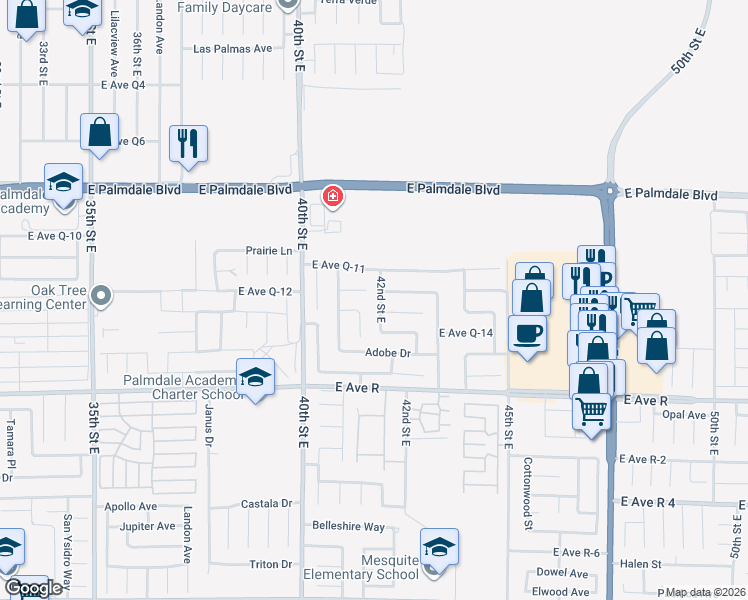 map of restaurants, bars, coffee shops, grocery stores, and more near 38143 42nd Street East in Palmdale