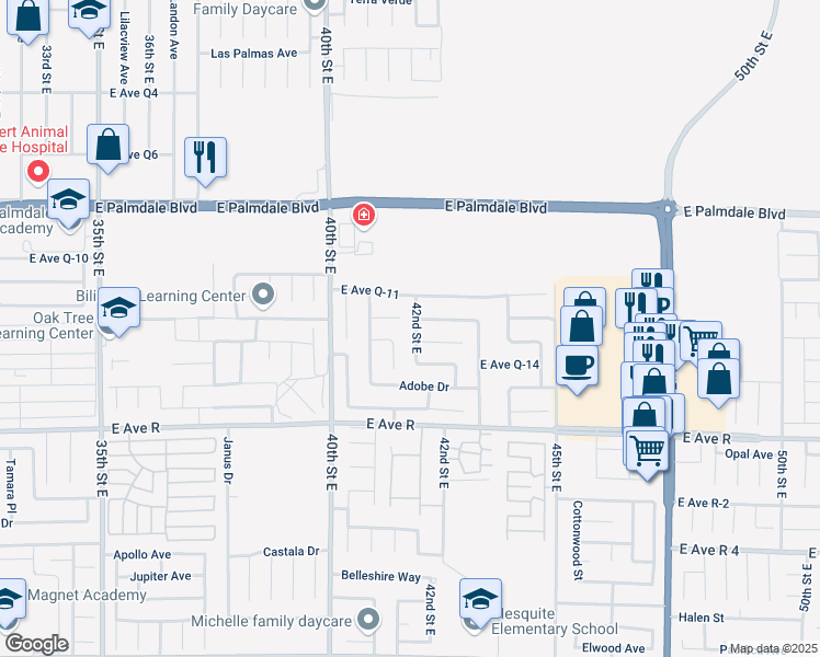 map of restaurants, bars, coffee shops, grocery stores, and more near 38143 42nd Street East in Palmdale