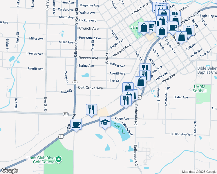 map of restaurants, bars, coffee shops, grocery stores, and more near 1209 12th Street in Mena