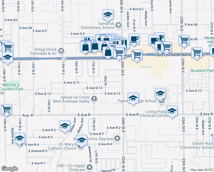 map of restaurants, bars, coffee shops, grocery stores, and more near 38204 Rita Street in Palmdale