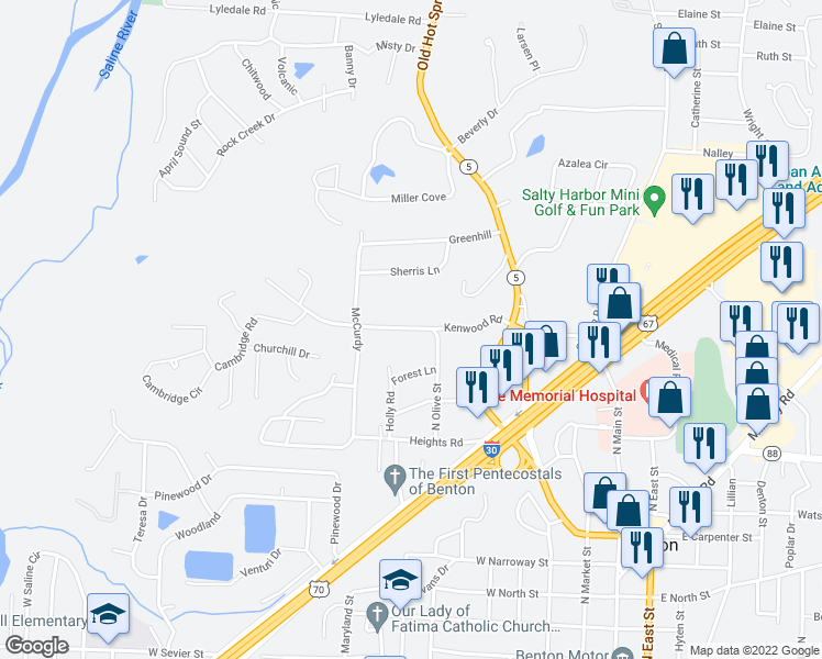 map of restaurants, bars, coffee shops, grocery stores, and more near 809 Kenwood Road in Benton