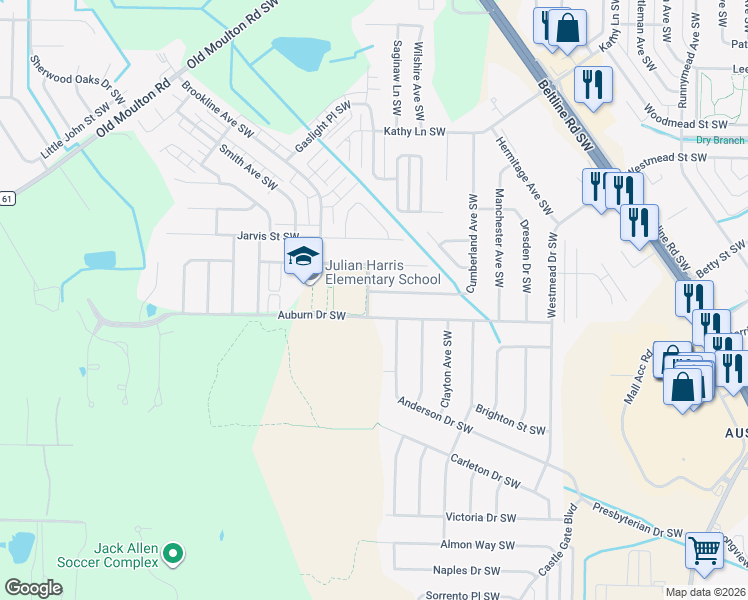 map of restaurants, bars, coffee shops, grocery stores, and more near 1908 Resnick Drive Southwest in Decatur