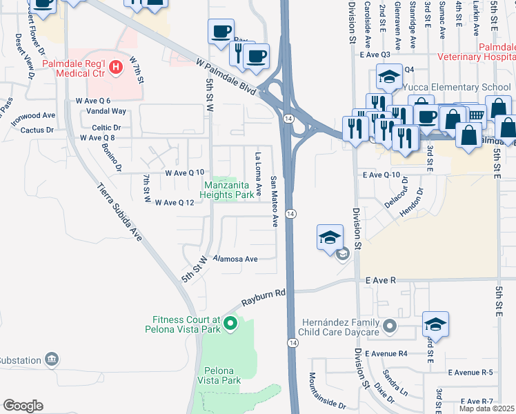 map of restaurants, bars, coffee shops, grocery stores, and more near 338 Mesa Verde Avenue in Palmdale