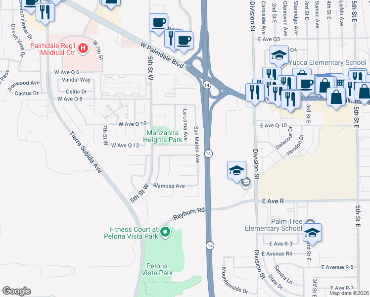 map of restaurants, bars, coffee shops, grocery stores, and more near 338 Mesa Verde Avenue in Palmdale