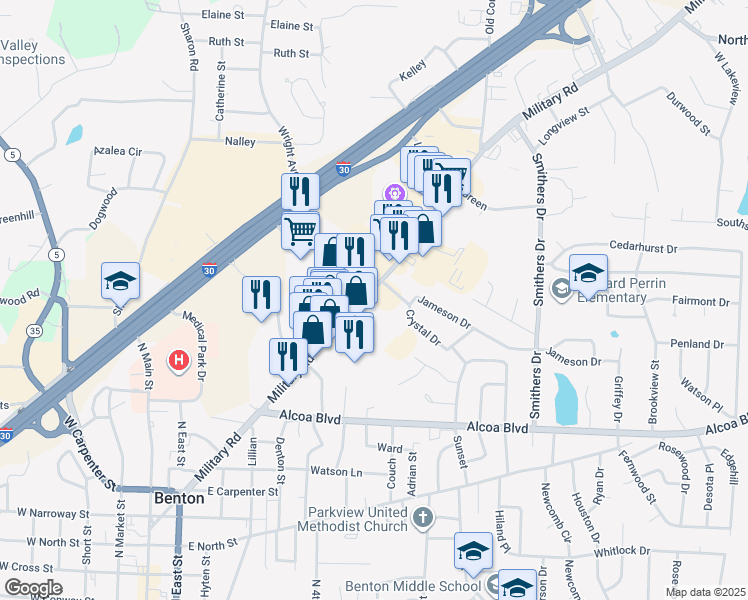 map of restaurants, bars, coffee shops, grocery stores, and more near 1311 Military Rd in Benton