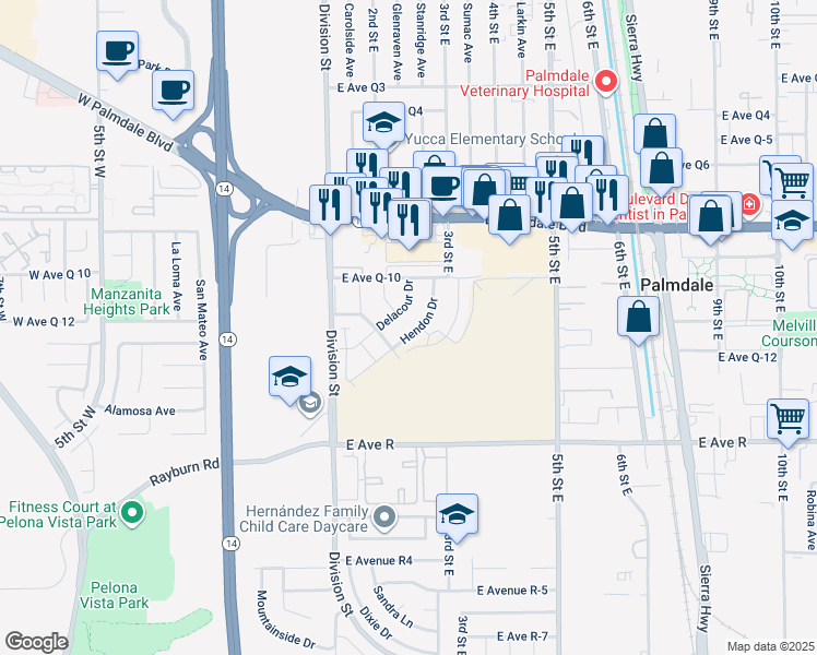 map of restaurants, bars, coffee shops, grocery stores, and more near 38227 Hendon Drive in Palmdale