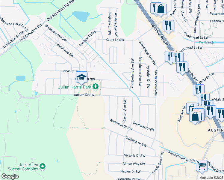 map of restaurants, bars, coffee shops, grocery stores, and more near 2317 Cumberland Avenue Southwest in Decatur