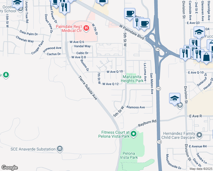 map of restaurants, bars, coffee shops, grocery stores, and more near 618 West Avenue Q 12 in Palmdale