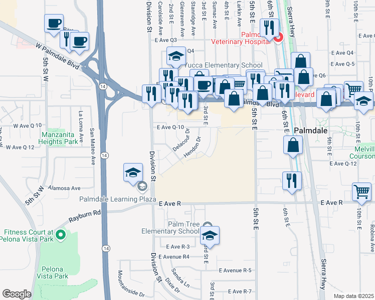 map of restaurants, bars, coffee shops, grocery stores, and more near 38227 Hendon Drive in Palmdale