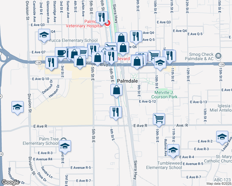 map of restaurants, bars, coffee shops, grocery stores, and more near 38240 6th Street East in Palmdale