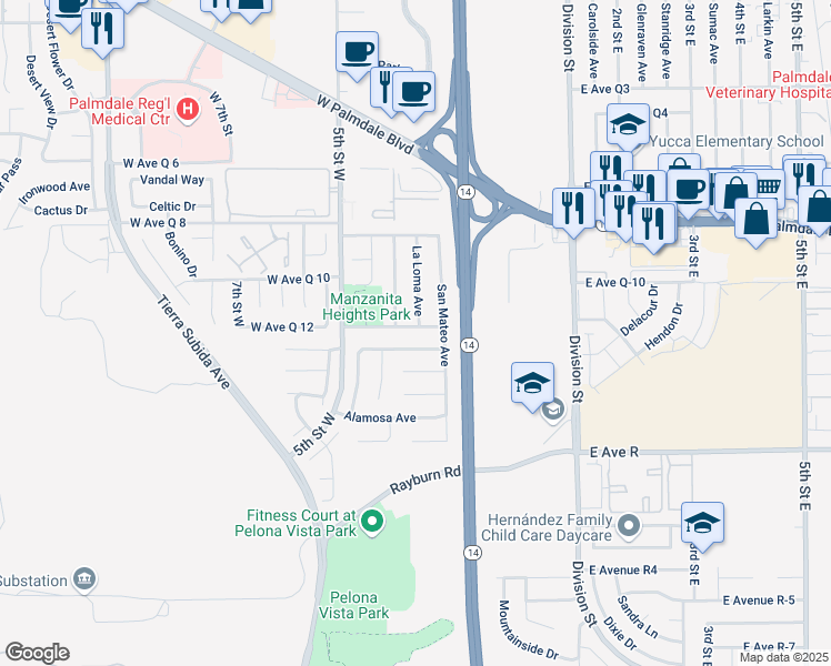 map of restaurants, bars, coffee shops, grocery stores, and more near 338 Mesa Verde Avenue in Palmdale
