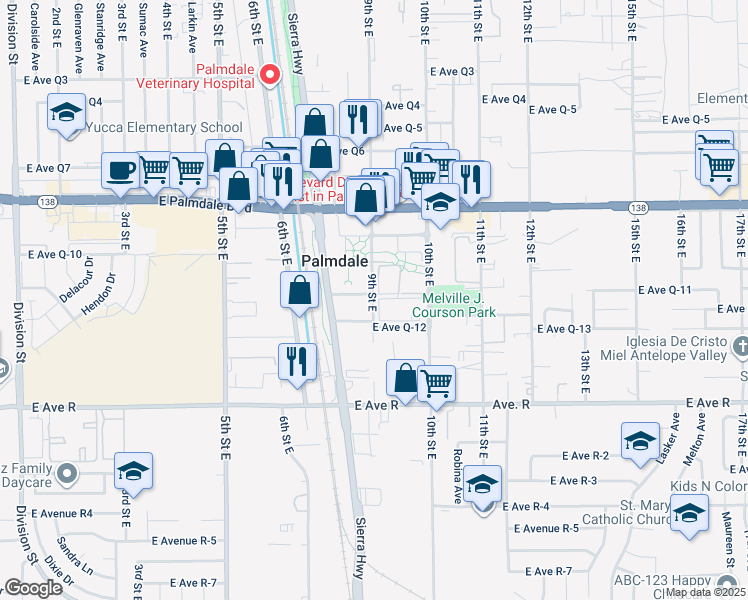 map of restaurants, bars, coffee shops, grocery stores, and more near 9 9th Street East in Palmdale