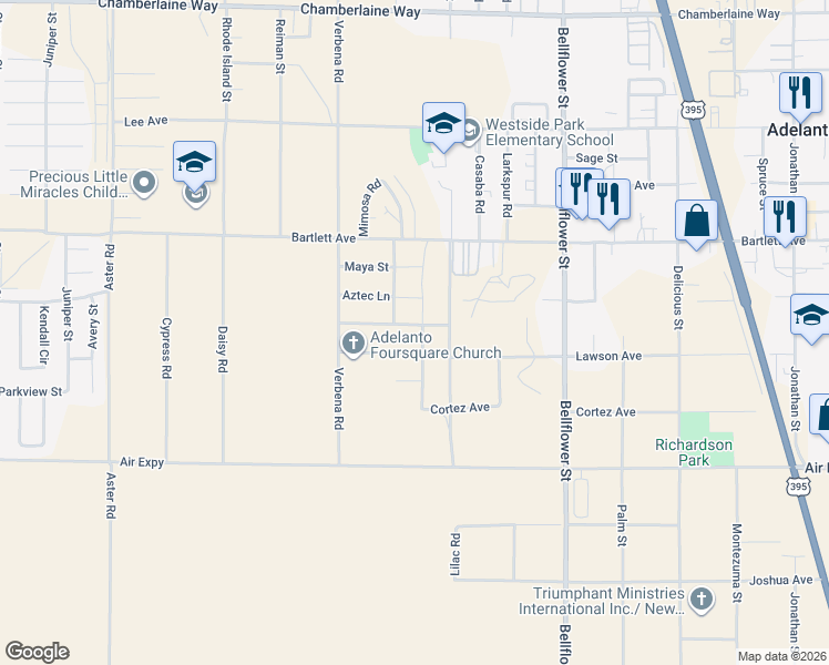 map of restaurants, bars, coffee shops, grocery stores, and more near 17926 Hermosa Road in Adelanto