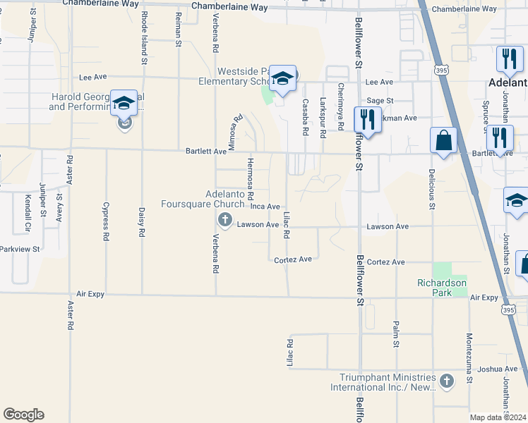 map of restaurants, bars, coffee shops, grocery stores, and more near Hollyhock Road in Adelanto