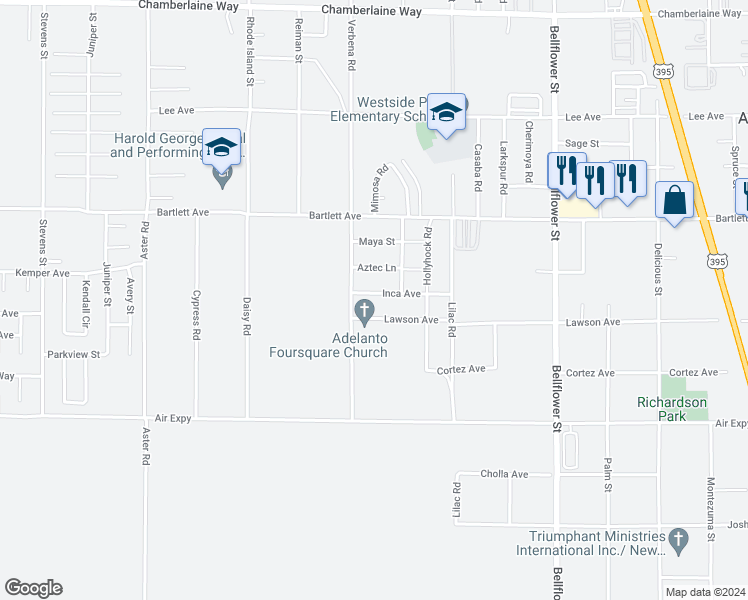 map of restaurants, bars, coffee shops, grocery stores, and more near 10911 Inca Avenue in Adelanto