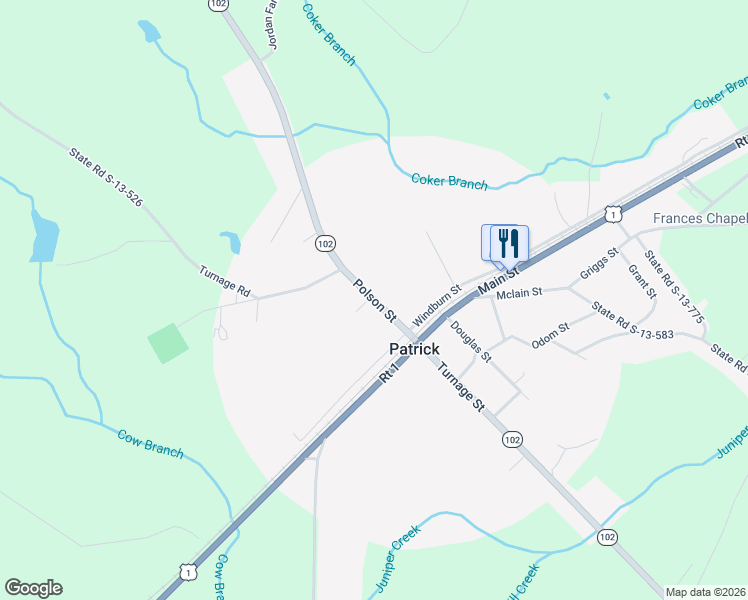 map of restaurants, bars, coffee shops, grocery stores, and more near 120 Polson Road in Patrick