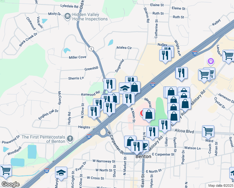 map of restaurants, bars, coffee shops, grocery stores, and more near 219 Kenwood Road in Benton