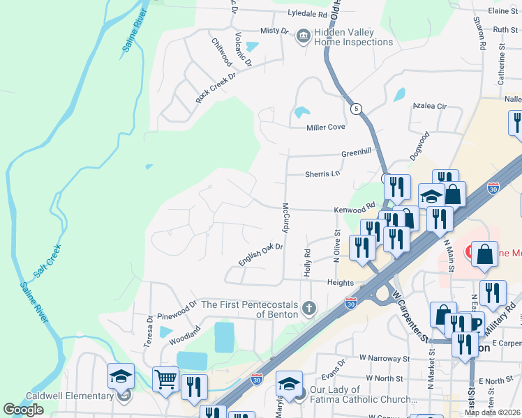 map of restaurants, bars, coffee shops, grocery stores, and more near 1108 Kenwood Road in Benton