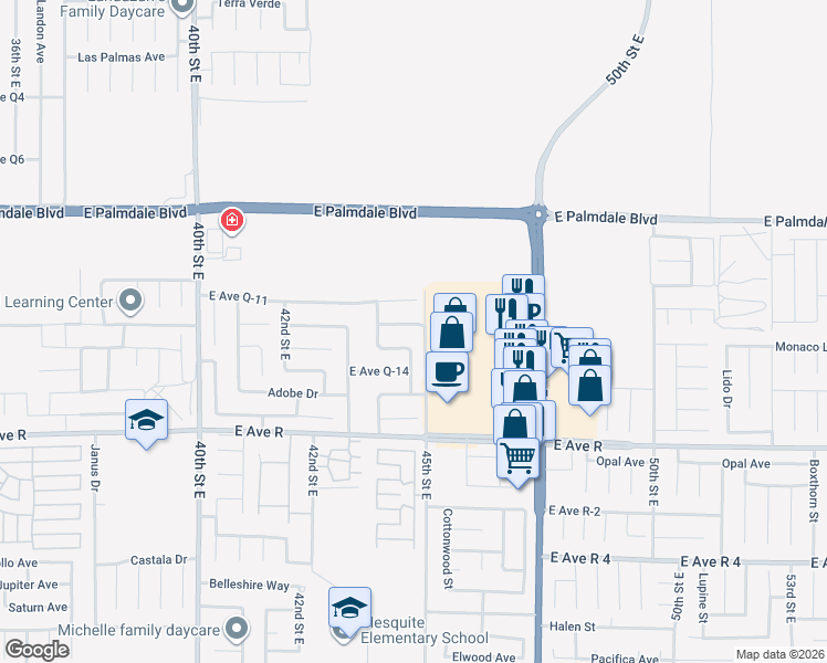 map of restaurants, bars, coffee shops, grocery stores, and more near 4356 East Avenue Q-12 in Palmdale