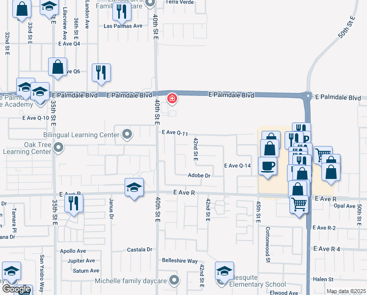 map of restaurants, bars, coffee shops, grocery stores, and more near 4068 East Avenue Q 12 in Palmdale