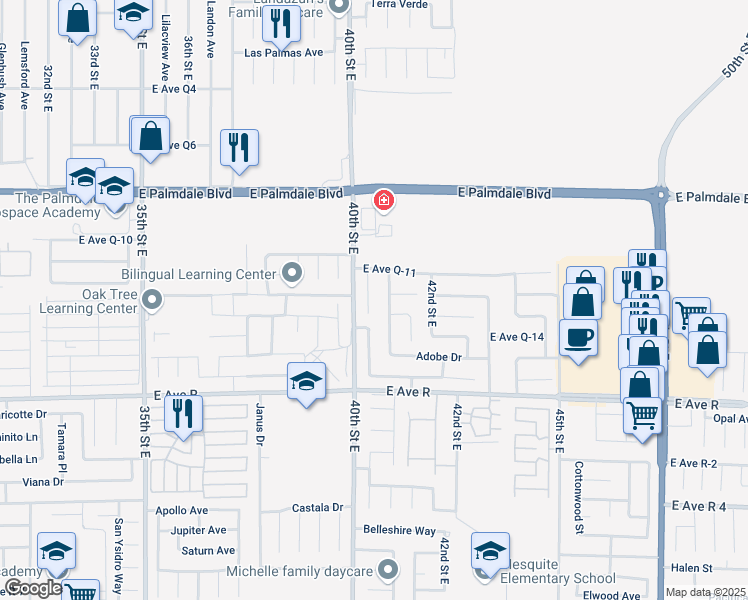 map of restaurants, bars, coffee shops, grocery stores, and more near 38150 Palms Place in Palmdale