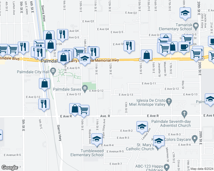 map of restaurants, bars, coffee shops, grocery stores, and more near 38225 12th Street East in Palmdale