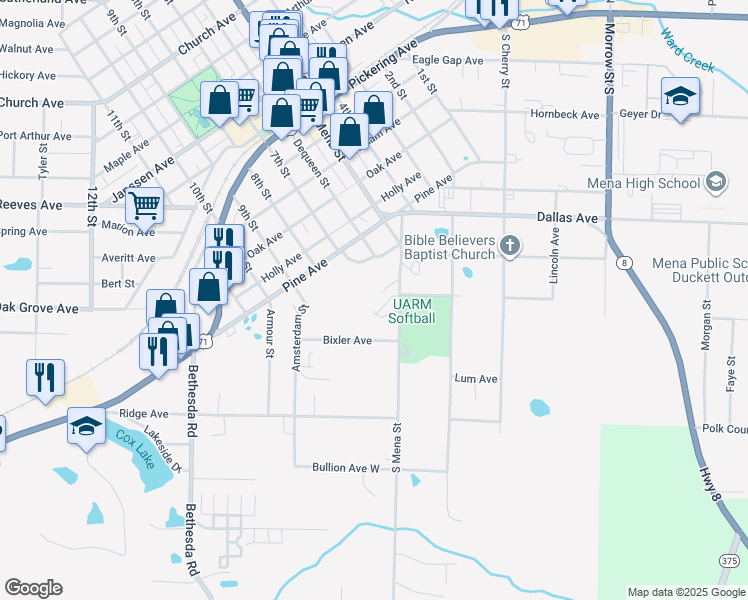 map of restaurants, bars, coffee shops, grocery stores, and more near 1341 Mena Street in Mena