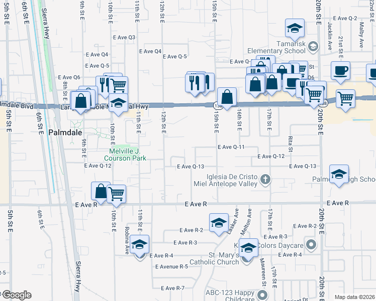 map of restaurants, bars, coffee shops, grocery stores, and more near 38216 Evette Court in Palmdale