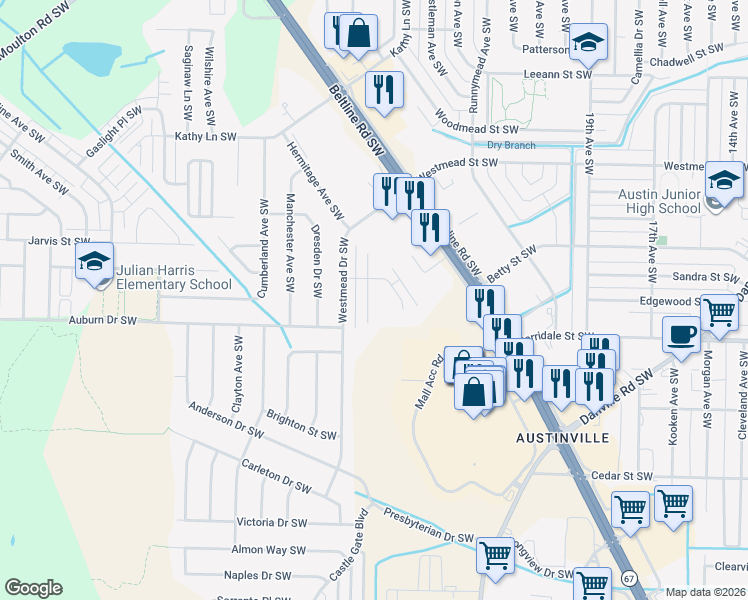 map of restaurants, bars, coffee shops, grocery stores, and more near 2186 Westbury Court Southwest in Decatur