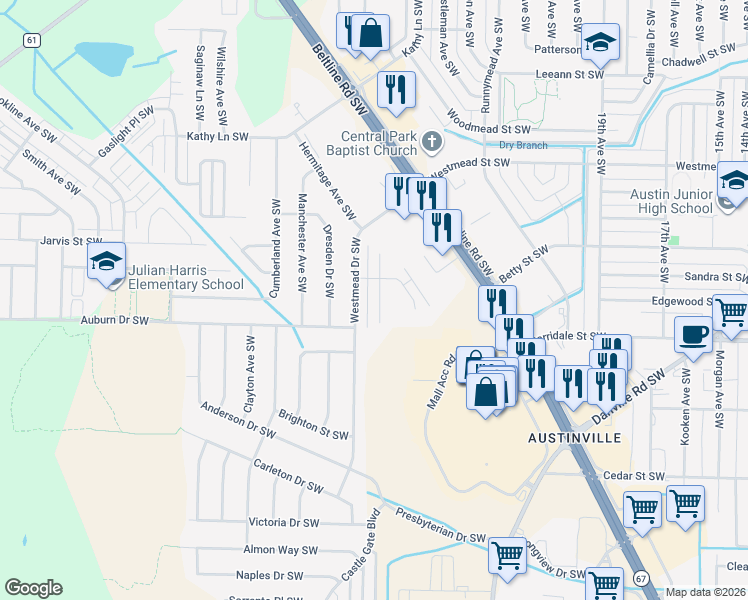map of restaurants, bars, coffee shops, grocery stores, and more near 2186 Westbury Court Southwest in Decatur