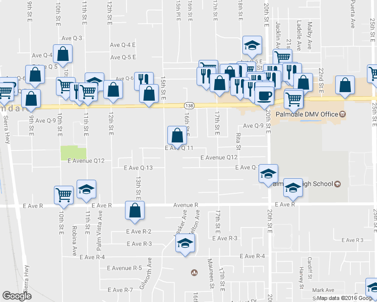 map of restaurants, bars, coffee shops, grocery stores, and more near 1556 East Avenue Q-11 in Palmdale