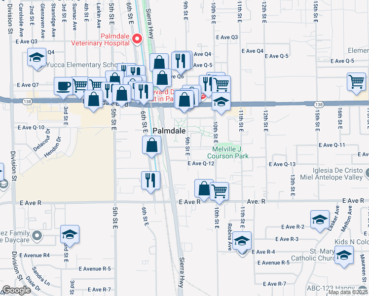 map of restaurants, bars, coffee shops, grocery stores, and more near 9 9th Street East in Palmdale