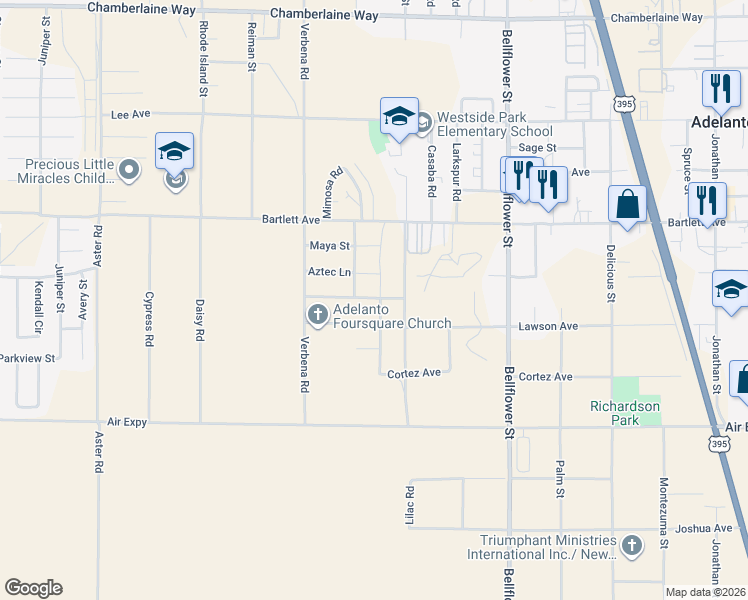 map of restaurants, bars, coffee shops, grocery stores, and more near 17926 Hermosa Road in Adelanto