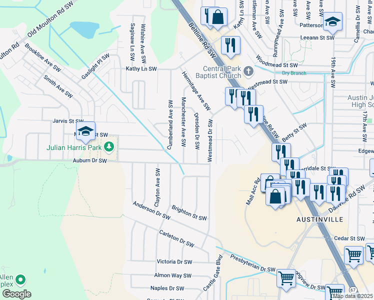 map of restaurants, bars, coffee shops, grocery stores, and more near 1924 Manchester Avenue Southwest in Decatur