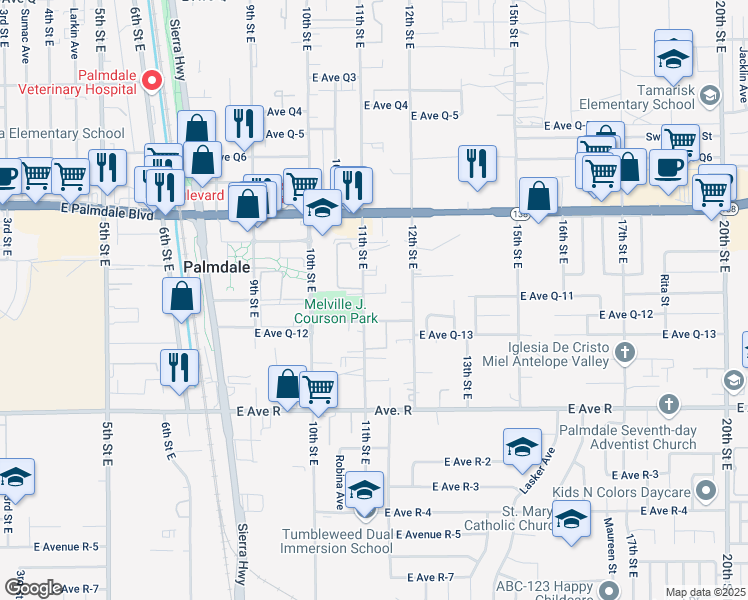 map of restaurants, bars, coffee shops, grocery stores, and more near 38225 12th Street East in Palmdale