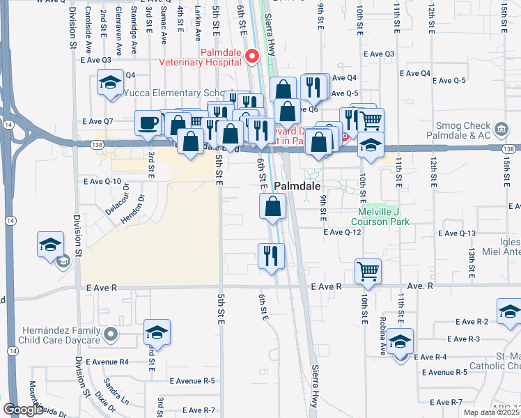 map of restaurants, bars, coffee shops, grocery stores, and more near 38251 6th Street East in Palmdale