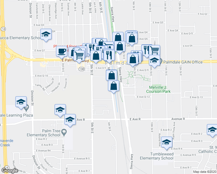 map of restaurants, bars, coffee shops, grocery stores, and more near 38251 6th Street East in Palmdale