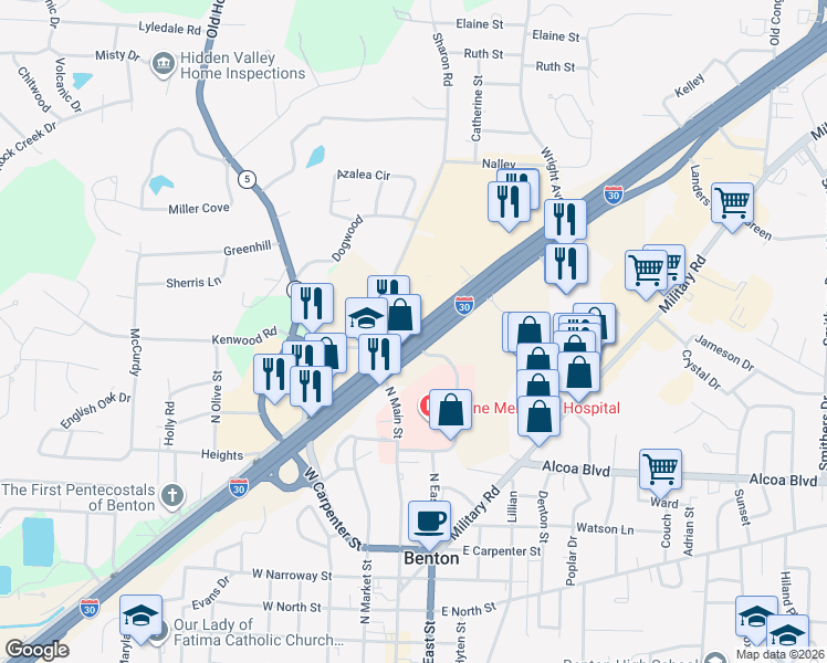 map of restaurants, bars, coffee shops, grocery stores, and more near 17036 Interstate 30 in Benton